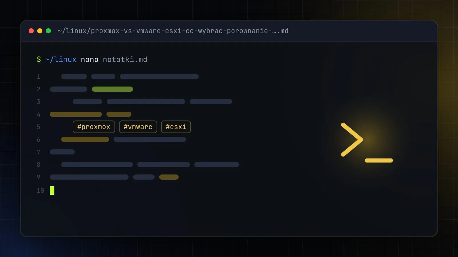 Ilustracja do artykułu „Proxmox vs VMware ESXi (2026) – porównanie i co wybrać po zmianach Broadcomu” — okno edytora z ikoną działu Linux i DevOps